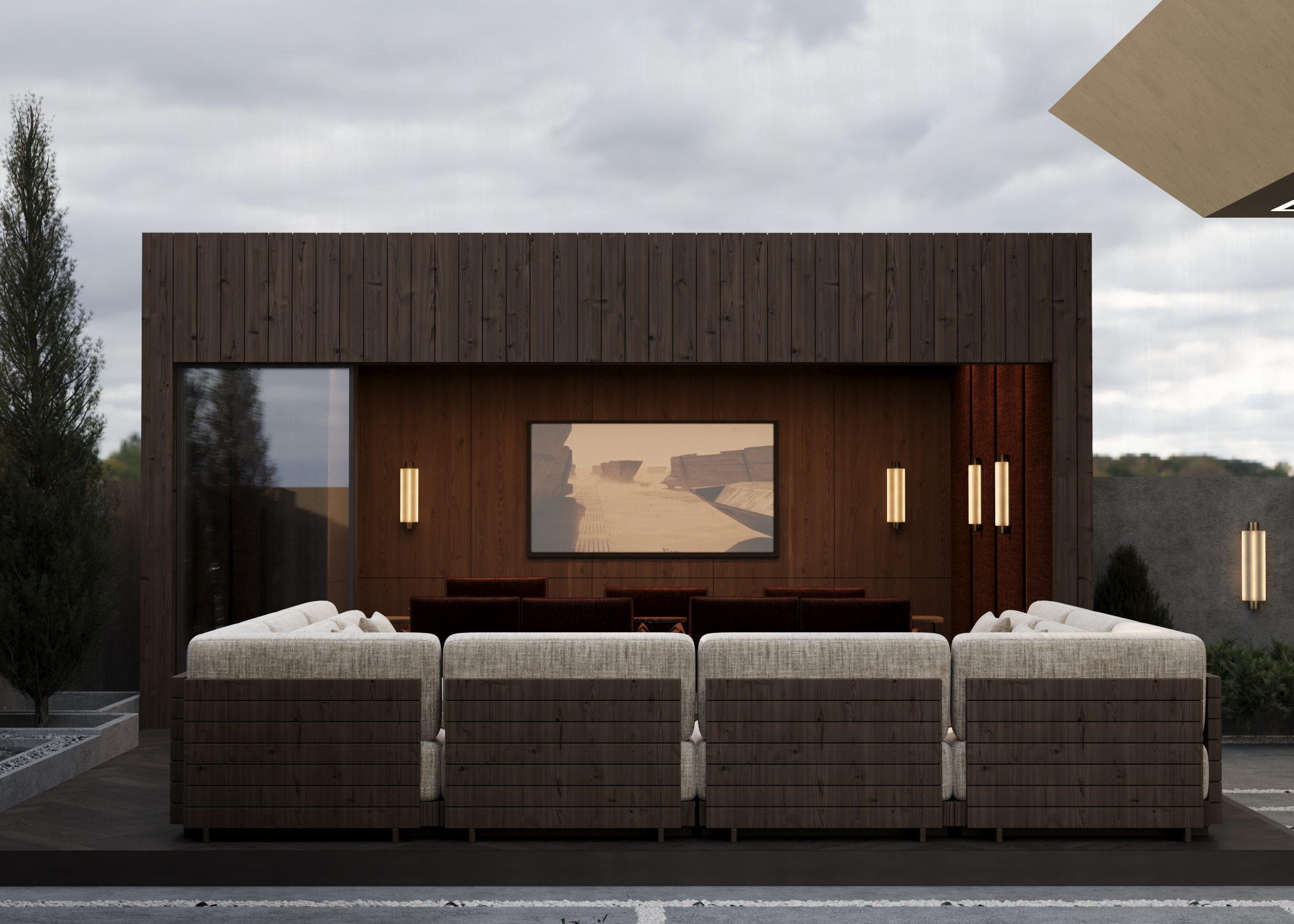 Cinema Pod exterior with sheer curtains