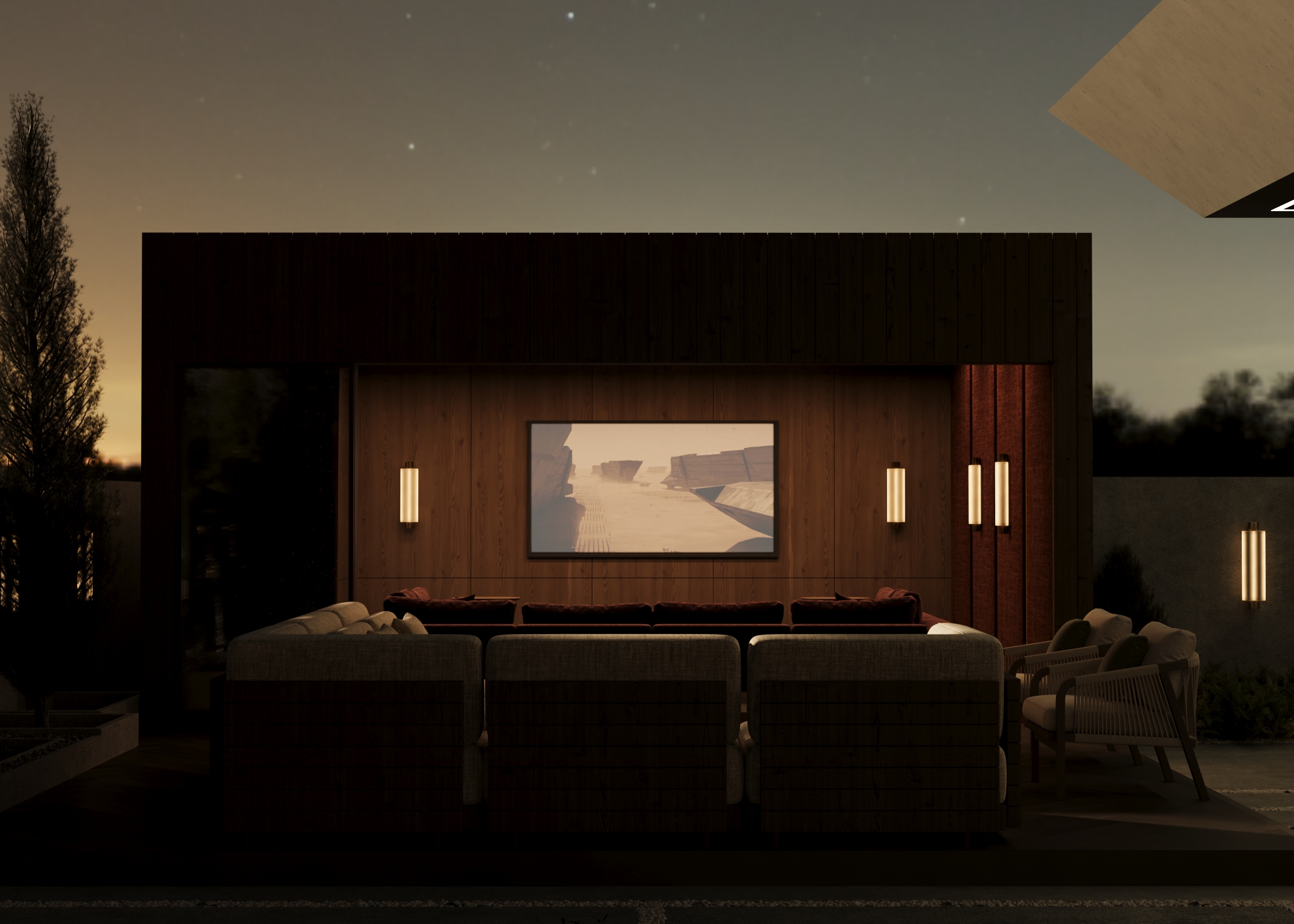 Cinema pod at night — movie mode