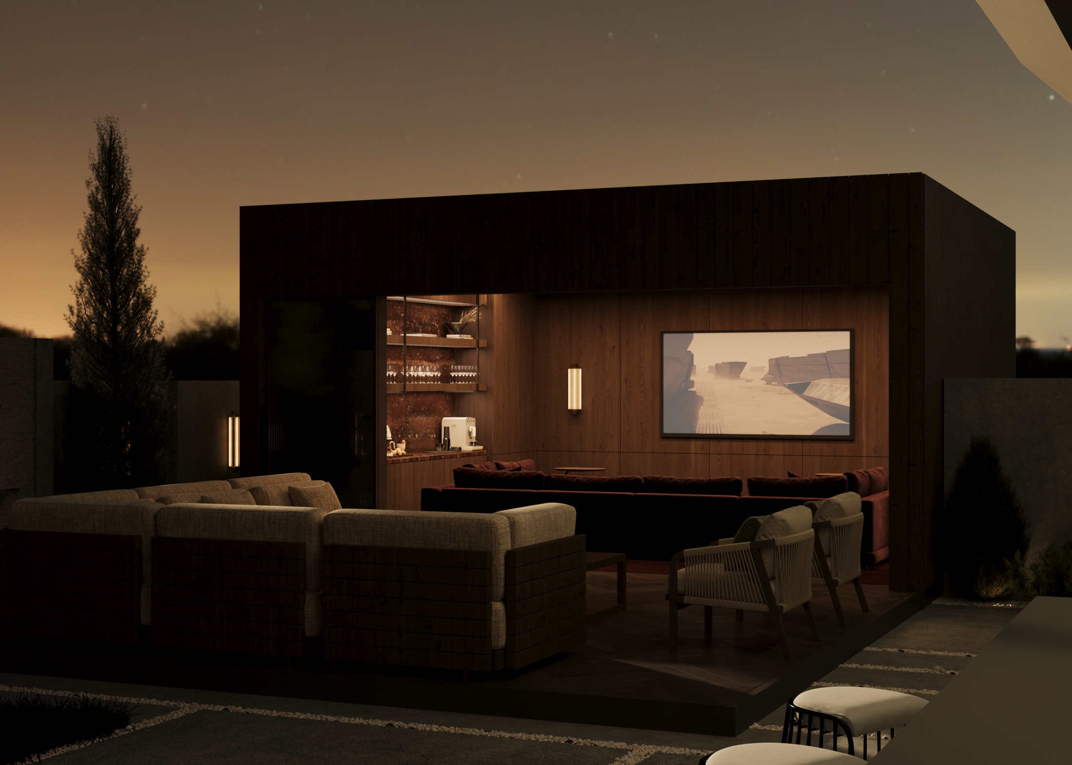 Cinema Pod at night — cozy, immersive ambience