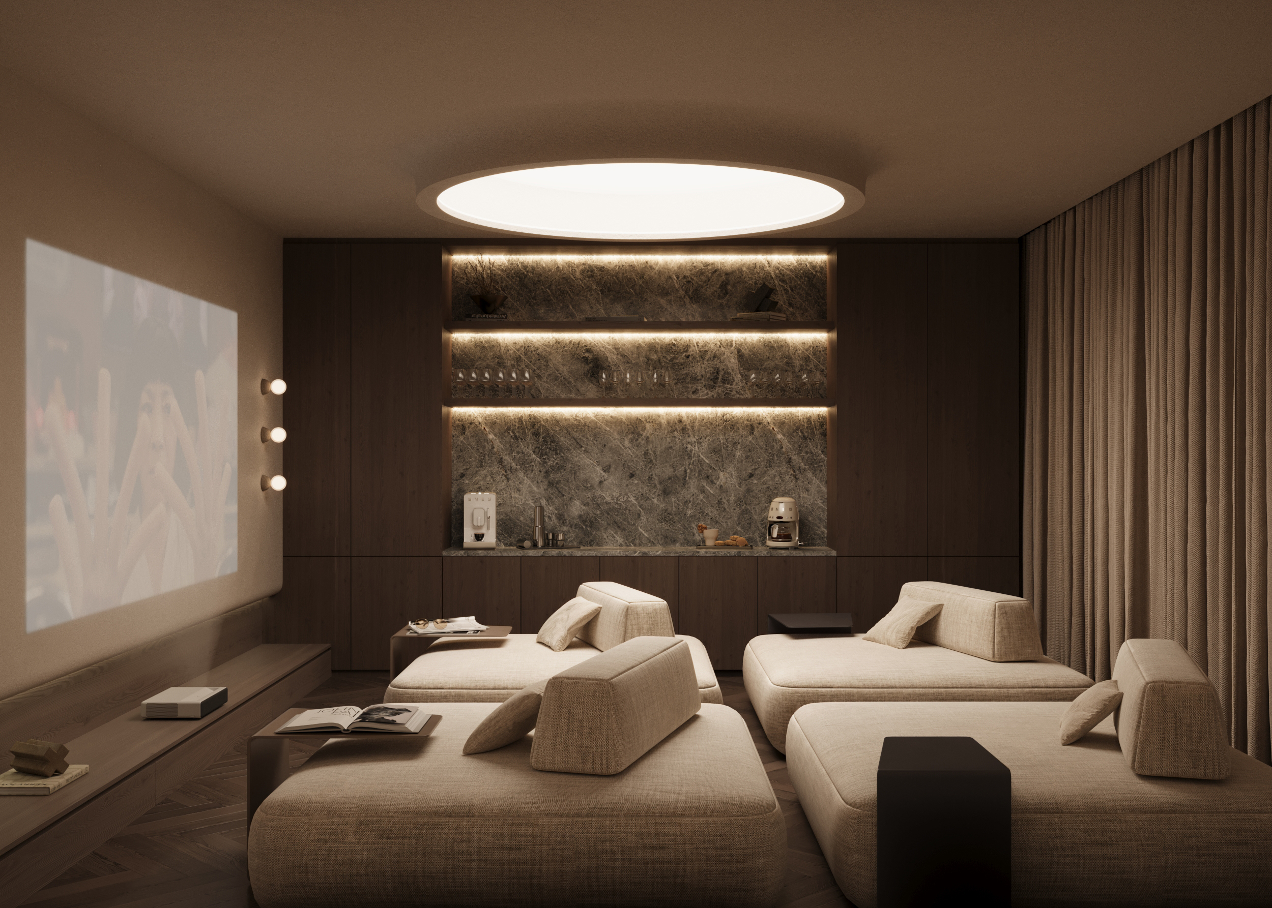T&eacute;r Serene cinema pod interior with soft neutral finishes and ambient ceiling lighting