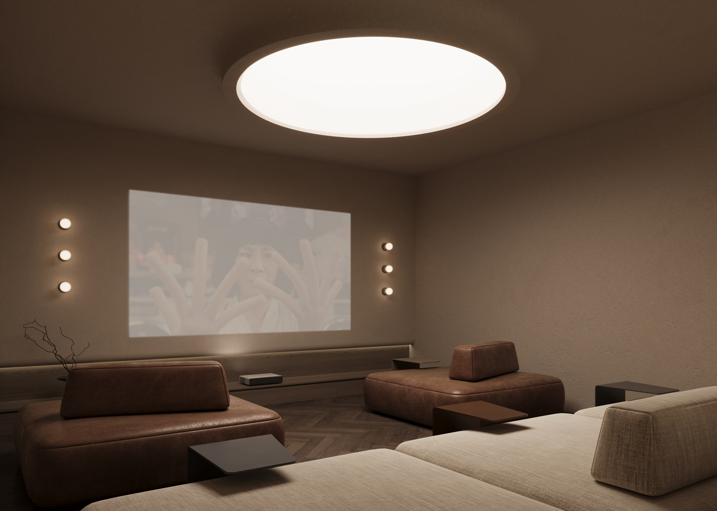 T&eacute;r Heritage cinema pod interior with warm finishes and layered ambient lighting