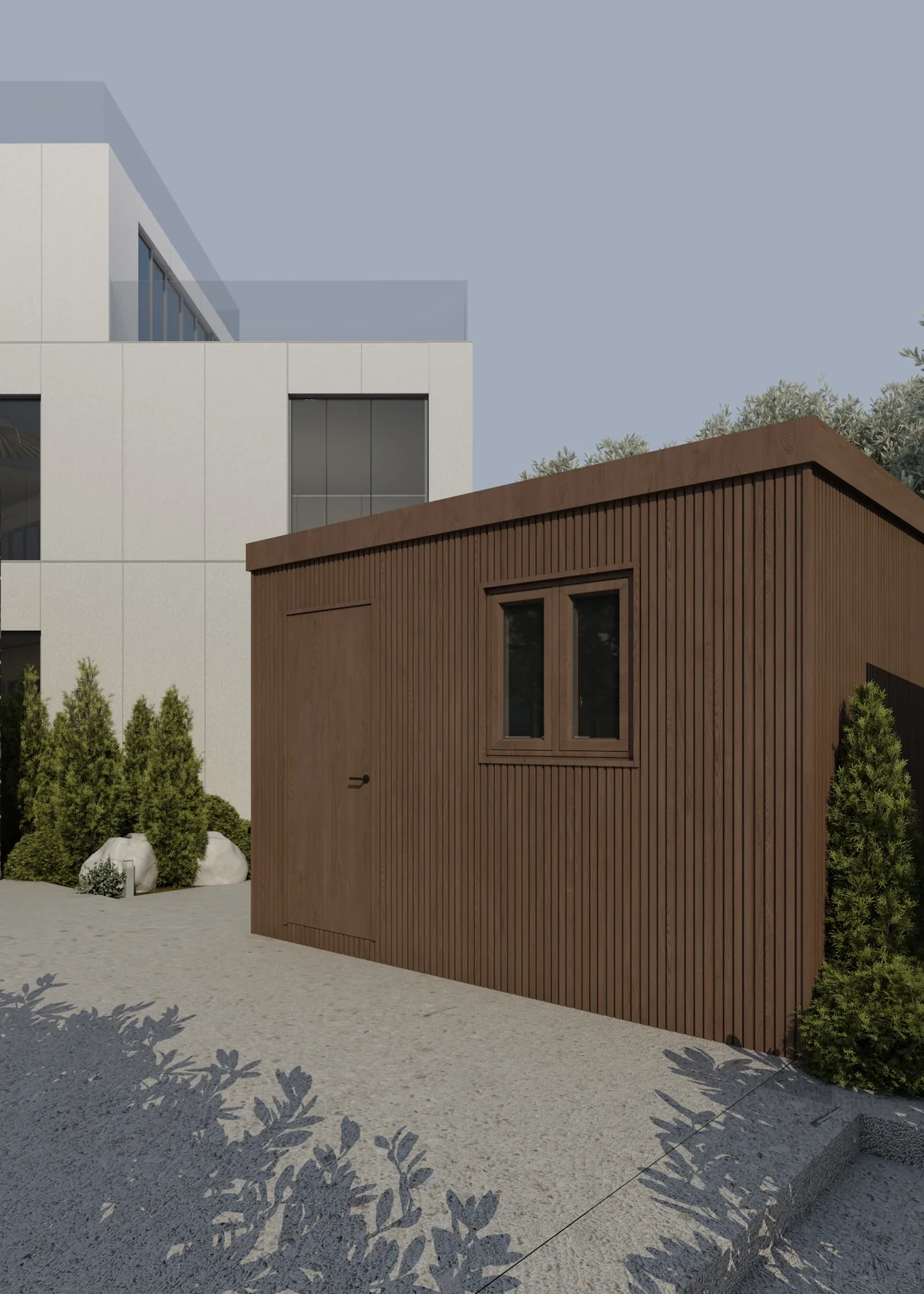 Side elevation of a Watchman Pod beside a Dubai villa