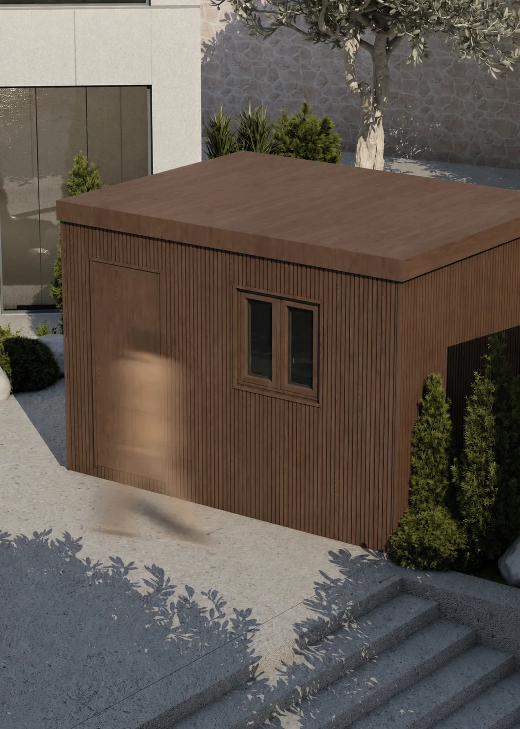 Timber-clad Watchman Pod viewed from a landscaped villa entrance in Dubai