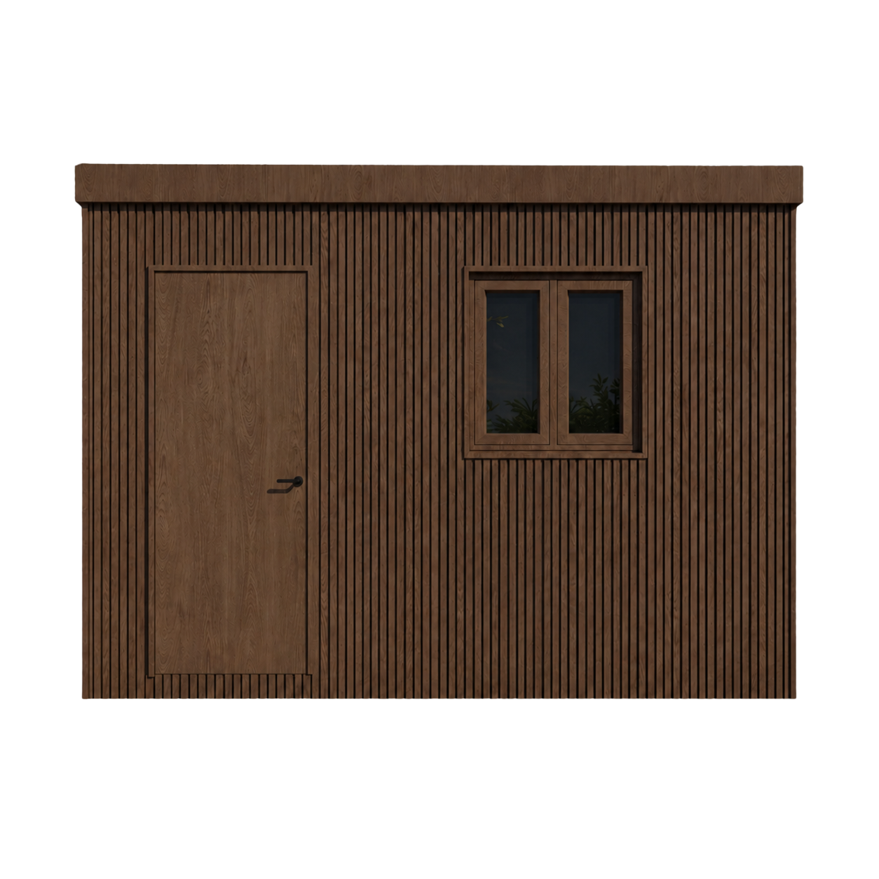 Front elevation of a timber-clad Watchman Pod with entrance door and observation window in Dubai