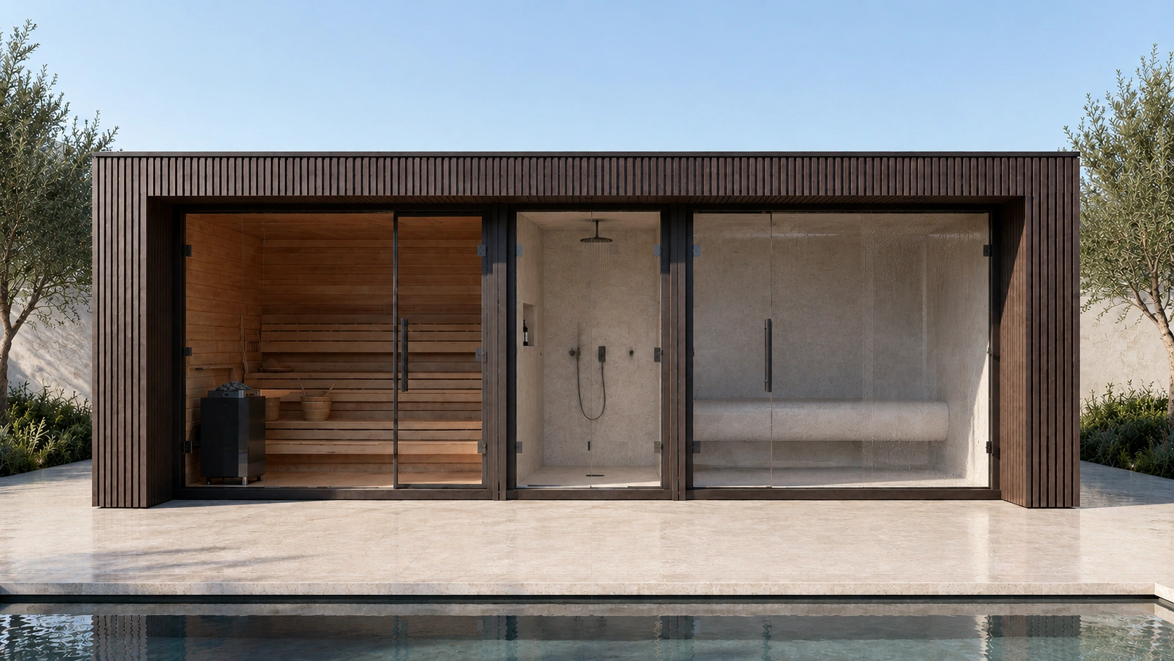Daytime front view of the Wellness Pod beside a pool