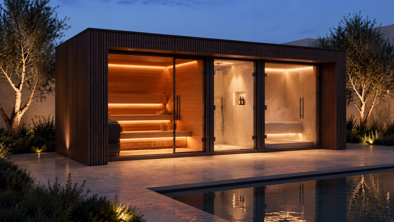 Illuminated Wellness Pod beside a pool viewed from the left