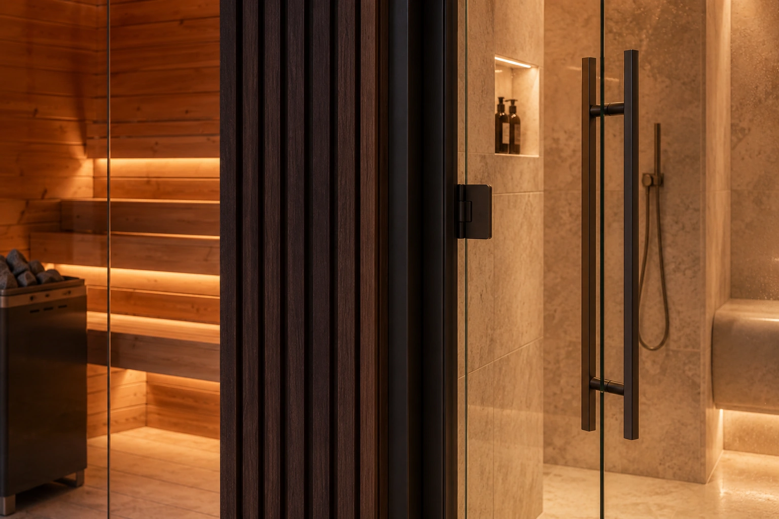 Night detail of the sauna and central shower doors