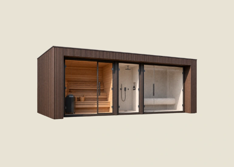 Left-side architectural view of the modular Wellness Pod