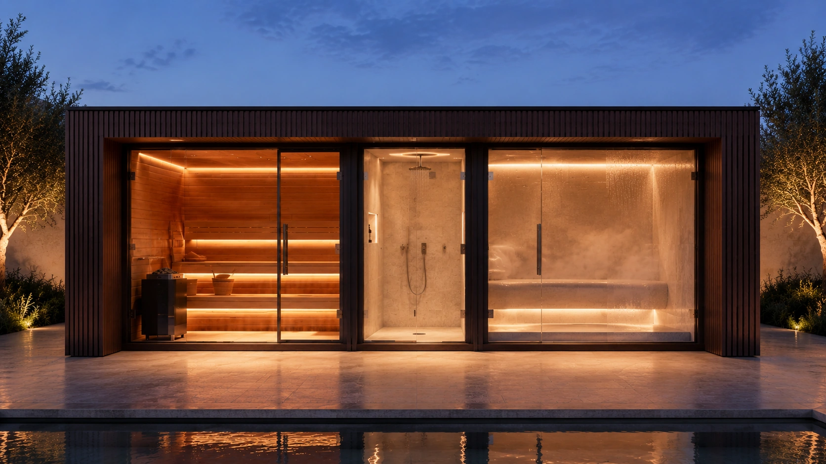 Front elevation of the illuminated Wellness Pod beside a pool