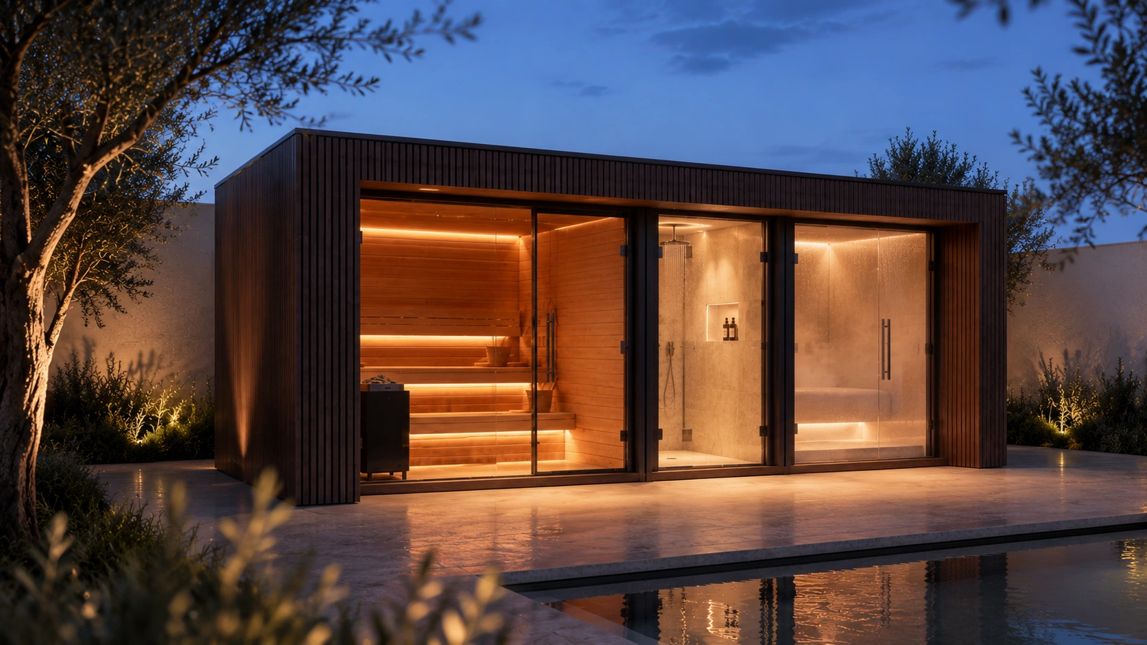 Luxury Wellness Pod with sauna, shower and steam room beside a UAE villa