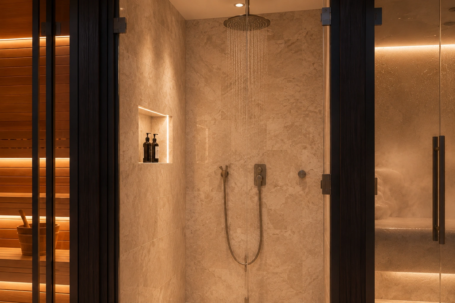 Rainfall shower and illuminated niche inside the Wellness Pod