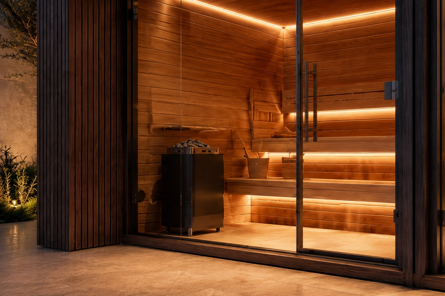 Illuminated timber sauna with heater and bench inside the Wellness Pod