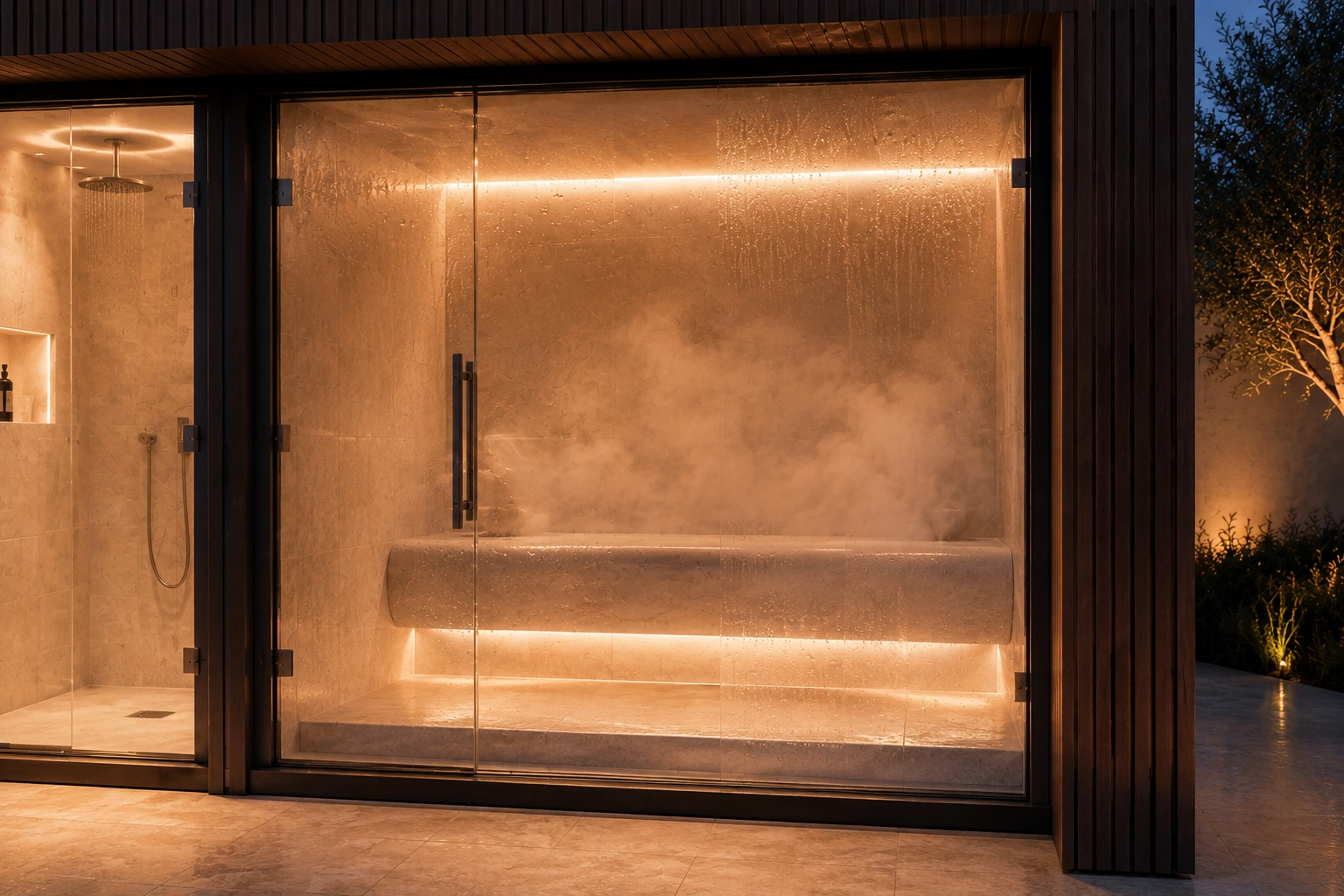 Front view of the Wellness Pod steam room at night